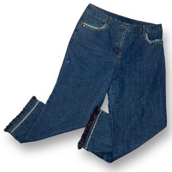 Ruby Rd Fringe Denim Capri Hem Beaded Embroidered Boho Pants Size 8 - Picture 1 of 12